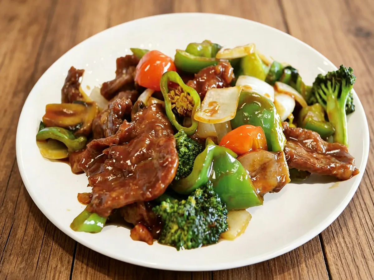 Stir-fried beef with broccoli bell peppers and savory sauce at Hau Po Chinese Kitchen, a Chinese Restaurant in Hauppauge