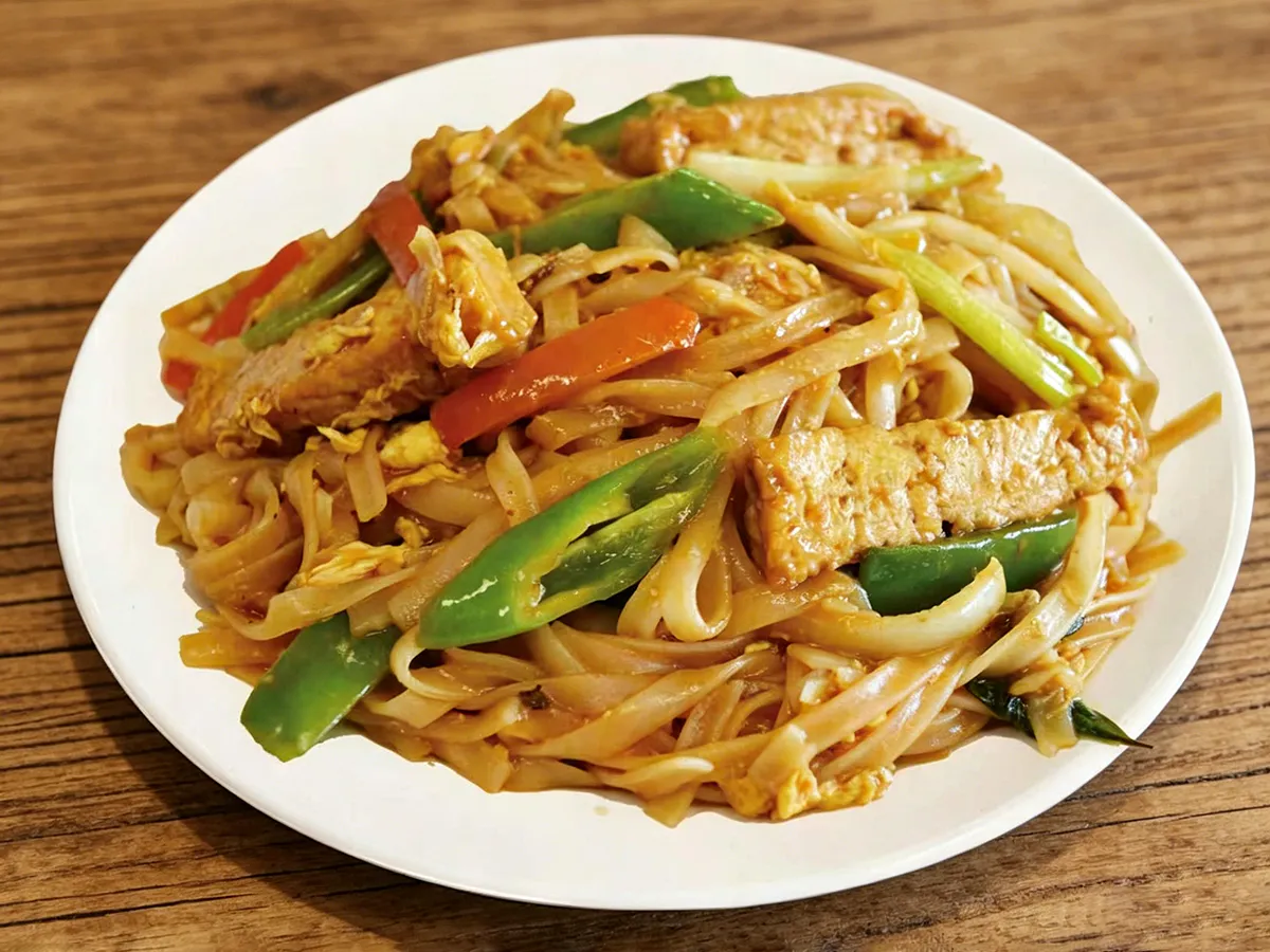 Wok-fried rice noodles with tofu egg and colorful bell peppers at Hau Po Chinese Kitchen, a Chinese Restaurant in Hauppauge