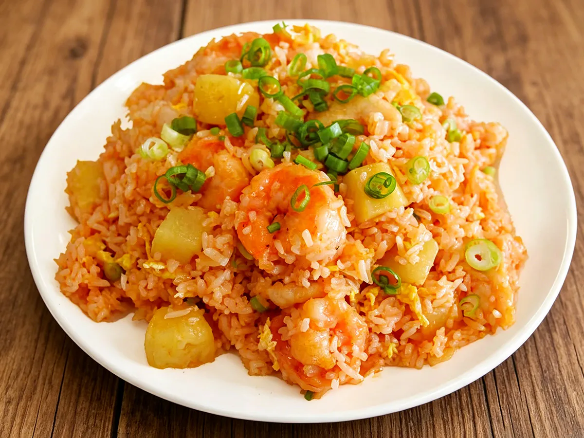 Pineapple shrimp fried rice with scrambled egg and scallions at Hau Po Chinese Kitchen, a Chinese Restaurant in Hauppauge