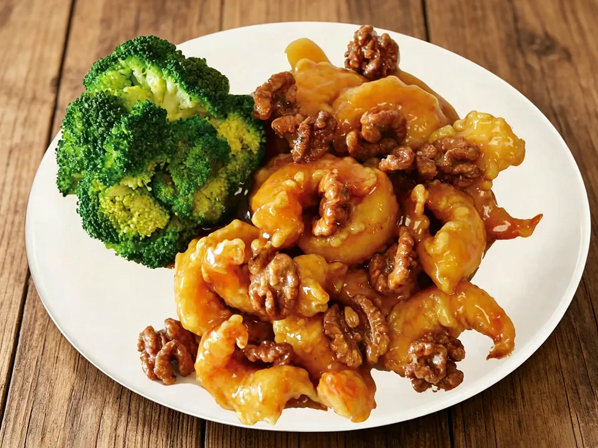 Crispy honey walnut shrimp paired with steamed broccoli florets at Hau Po Chinese Kitchen, a Chinese Restaurant in Hauppauge