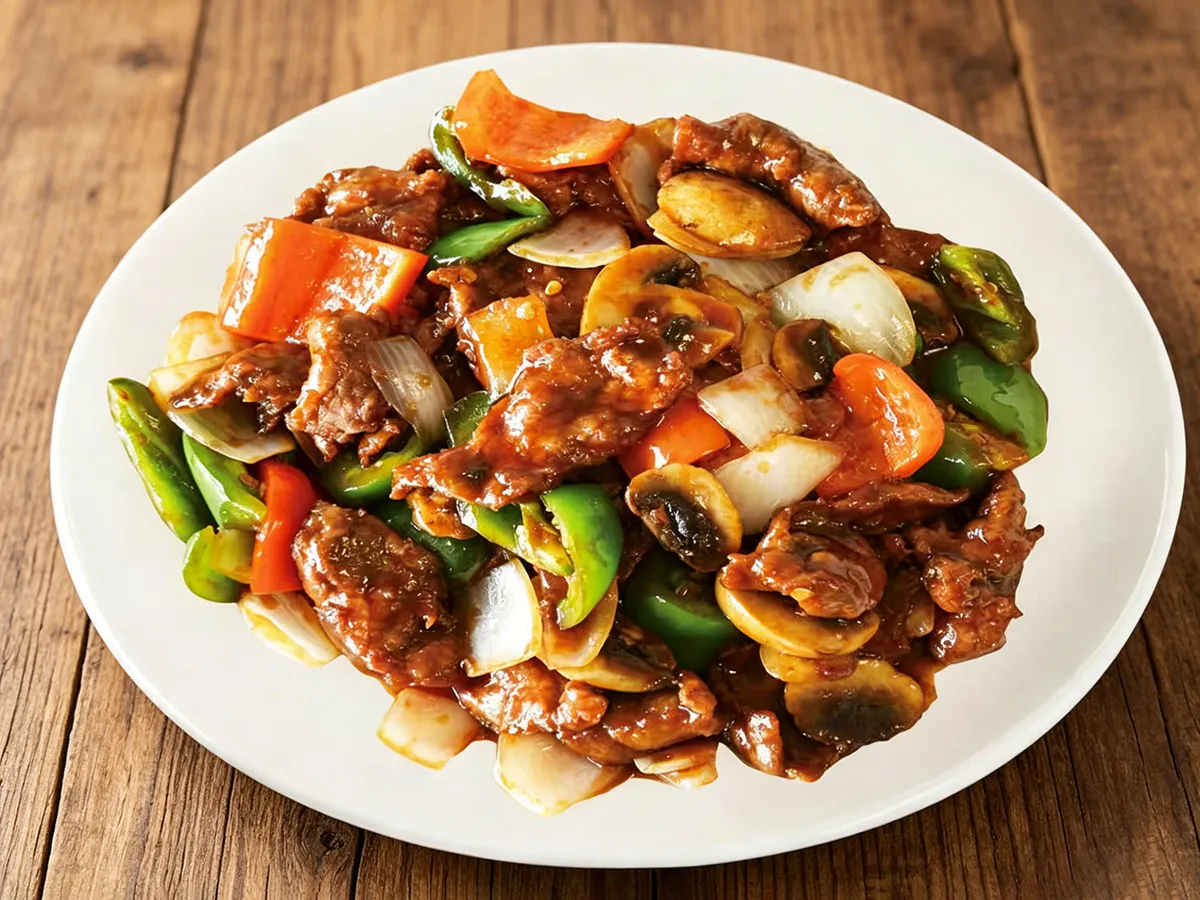 Beef and mushroom stir-fry with bell peppers onions and carrots at Hau Po Chinese Kitchen, a Chinese Restaurant in Hauppauge