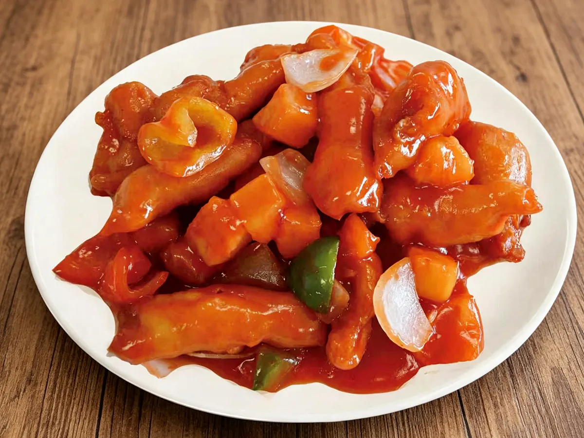Sweet and sour pork with pineapple bell peppers and onions at Hau Po Chinese Kitchen, a Chinese Restaurant in Hauppauge